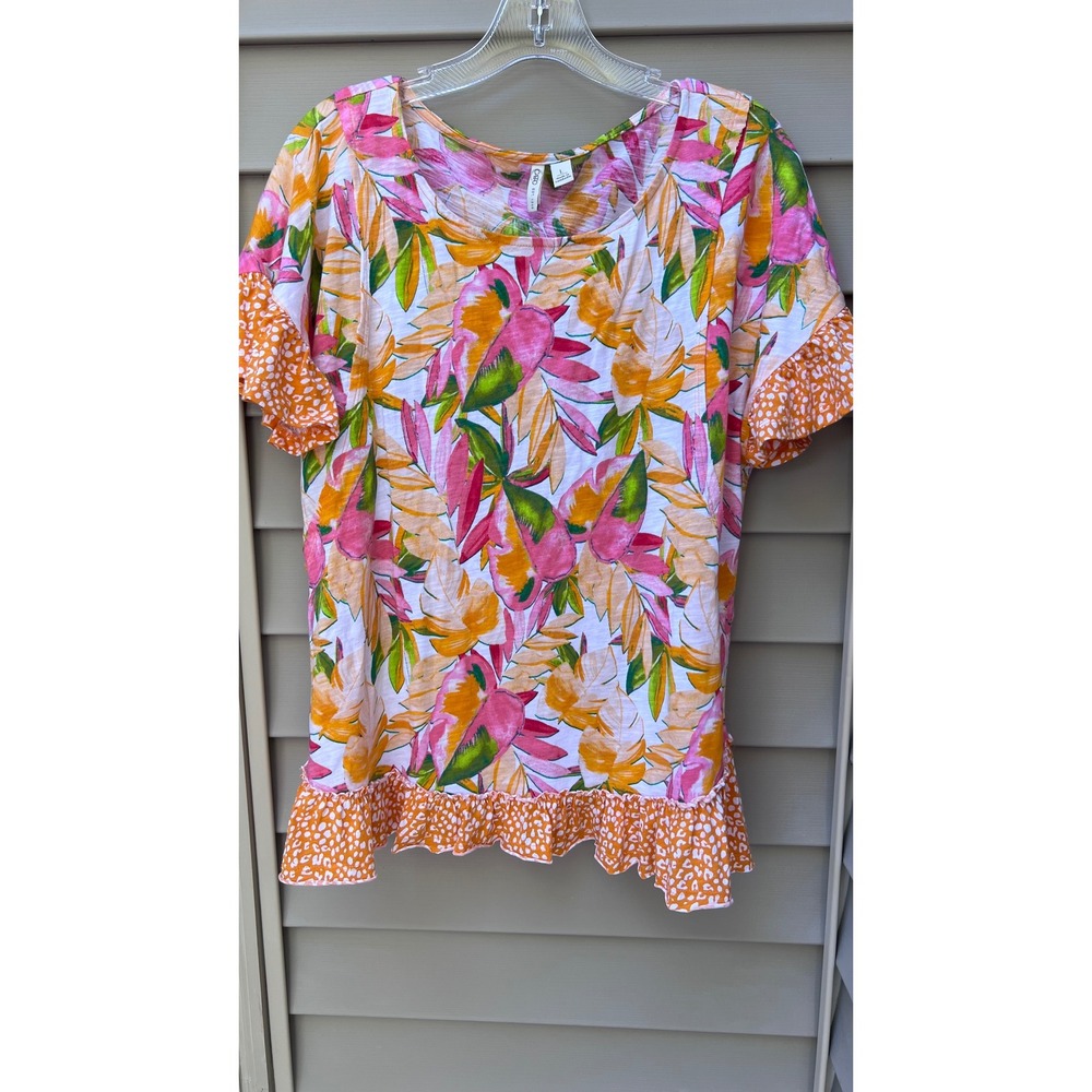 Cato Women Pink Orange Tropical Floral Ruffle Hem Top Short Sleeve Large